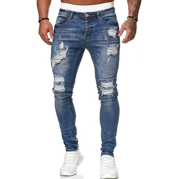 Fashion Street Style Ripped Skinny Jeans Men Vintage Wash Solid Denim Trouser Mens Casual Slim Fit Pencil Denim Pants